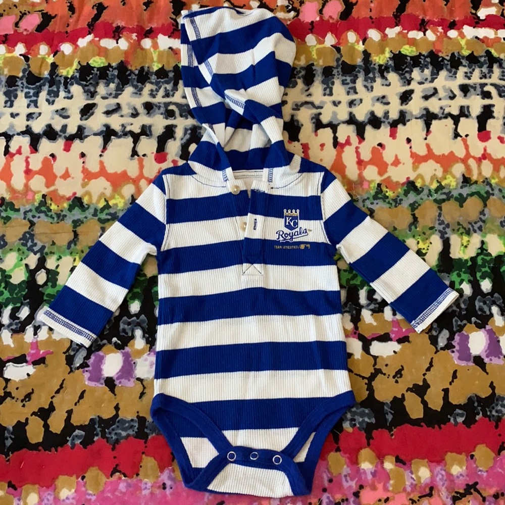 KC Royals blue and white waffle striped long sleeve onesie with hood. 3-6 month